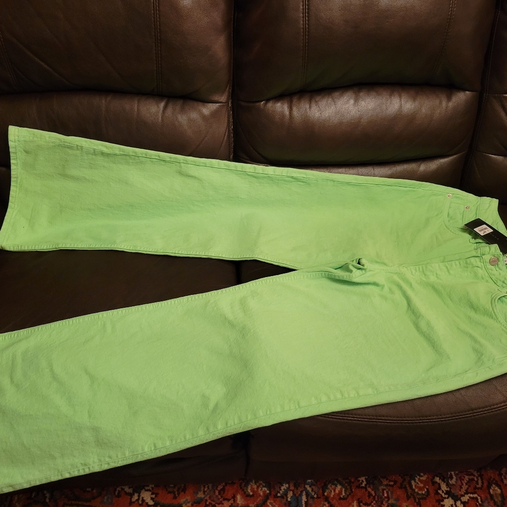 Zara Jeans New Mid-Rise Loose " THE BOOGIE PANT"  Neon Green Super Wide Leg
